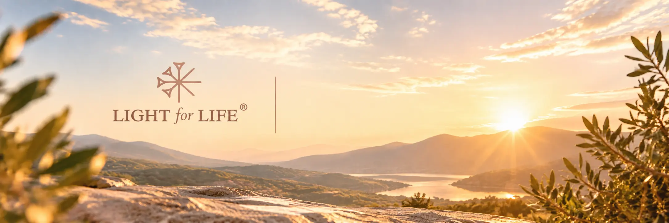 Sunrise landscape with the Light for Life logo