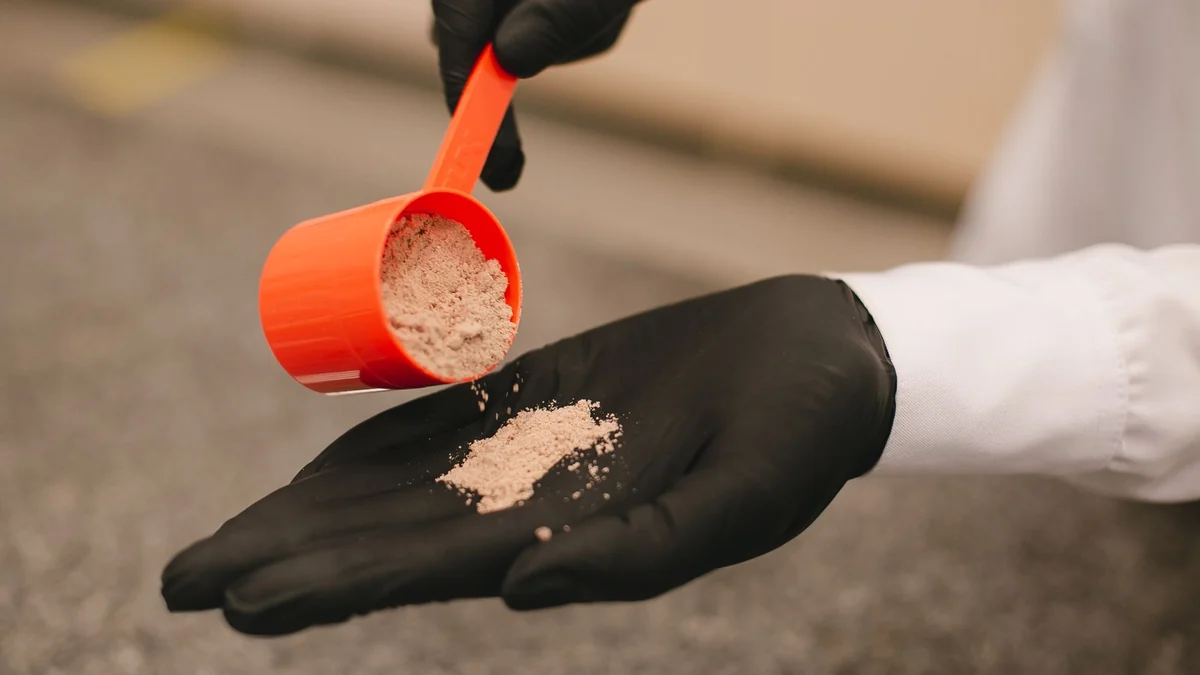 Illustrative photograph of an unlabelled powder sample and measuring scoop for DMAE Bitartrate