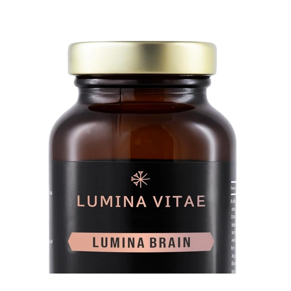 Close-up of the Lumina Brain bottle in Lumina Vitae packaging